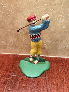 Vintage Doorstop Cast Iron Golfer Midwest Importers Painted Metal Bookend 7.5”